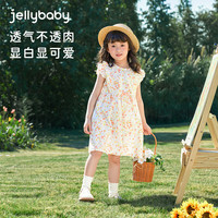 JELLYBABY女童连衣裙夏季小清新甜美风飞飞袖蝴蝶结透气亲肤淑女中小女童裙 米白 100 CM