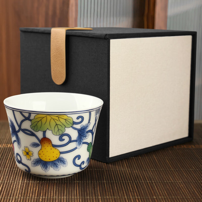 真迹白瓷喝茶杯甜白品茗杯家用单杯陶瓷喝茶器主人杯功夫茶具配件 甜白品茗杯-斗彩葫芦