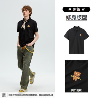 太平鸟男装 休闲Polo衫夏季刺绣保罗衫修身潮牌休闲短袖潮 S 黑色1（修身）