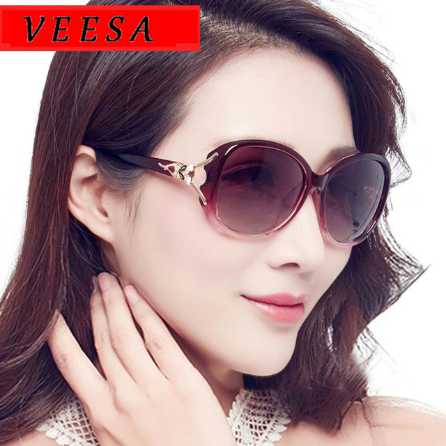 VEESA 偏光太阳镜女士防紫外线新款韩版潮时尚驾驶墨镜开车眼镜防晒大脸 紫框渐进紫片
