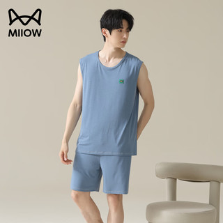 猫人睡衣男士冰丝凉感夏季背心无袖薄款夏天大码家居服套装 浅蓝【冰丝凉感】 2XL 【140-160斤】