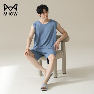 猫人睡衣男士冰丝凉感夏季背心无袖薄款夏天大码家居服套装 浅蓝【冰丝凉感】 2XL 【140-160斤】