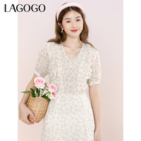 lagogo拉谷谷甜美雪纺荷叶边V领碎花A字高腰夏季新款气质连衣裙女 (Y0) 155/36