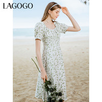 lagogo方领法式碎花连衣裙女拉谷谷春夏新款收腰显瘦泡泡袖长裙 (Y0)  155/36