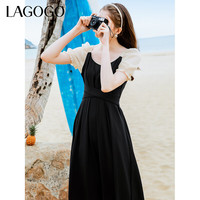 lagogo拉谷谷夏季新款黑色高腰拼接收腰气质连衣裙女法式设计感 (WT) 155/36