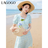 lagogoV领泡泡袖开叉碎花连衣裙女拉谷谷春夏新款温柔雪纺A字裙 (Y0) 155/36