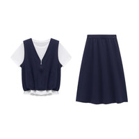 Basic House/百家好夏季休闲套装撞色假两件上衣高腰半身裙两件套 藏青色 M