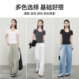 逸阳逸阳莱赛尔圆领短袖T恤女2025年夏修身显瘦正肩百搭白色上衣 月岩灰 XL