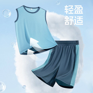 小猪班纳男童夏季套装2025中大童透气运动背心帅气儿童速干夏装篮球服 蓝/白小猪 120