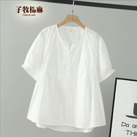 子牧棉麻2025夏装 女韩版百搭小V领上衣宽松显瘦灯笼袖娃娃衫3886
