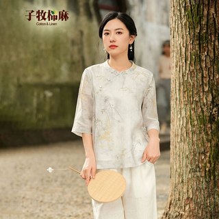 子牧棉麻2025夏装 女文艺复古短款宽松显瘦立领斜襟印花七分袖衬衫7357   (建议95-115斤)