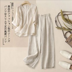 子牧棉麻 文艺复古棉麻衬衫阔腿裤两件套 杏色上衣+麻本色裤子