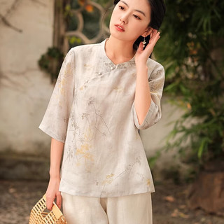 子牧棉麻2025夏装 女文艺复古短款宽松显瘦立领斜襟印花七分袖衬衫7357   (建议95-115斤)