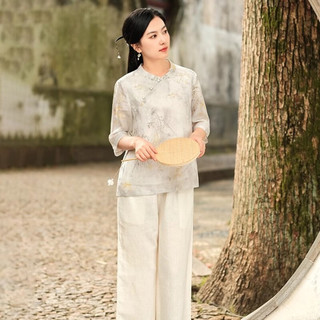 子牧棉麻2025夏装 女文艺复古短款宽松显瘦立领斜襟印花七分袖衬衫7357   (建议95-115斤)