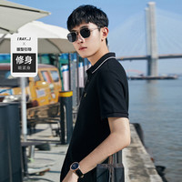 太平鸟男装刺绣商务休闲短袖撞色POLO衫 黑色1 XL