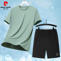 皮尔卡丹夏季短袖T恤男士运动套装速干衣休闲跑步衣服男装款 绿色【套装】 XL