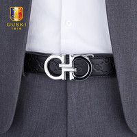 古士旗(GUSKI)法国品牌皮带男真皮男士腰带自动扣高档裤带 680118B-时尚银色-专柜礼盒 115cm 尺码长度留言客服