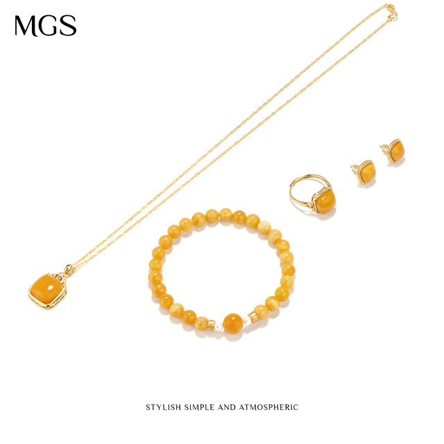 曼古银 MGS 琥珀项链高级感轻奢鸡油黄蜜蜡手链耳环国风新中式手饰