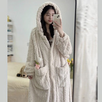 珊瑚绒睡衣女秋冬季加厚保暖法兰绒长款连帽可爱卡通家居服可外穿 XL130-160斤