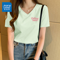 真维斯短袖女t恤2025夏季v领半袖体恤大码女士纯棉正肩上衣服女夏装 白色 阳光樱花_K 2XL