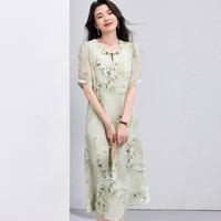 【新中式国风印花连衣裙】夏季圆领短袖中长裙宽松显瘦a字裙女