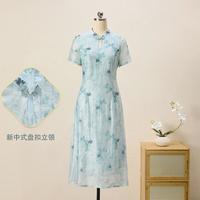 【旗开得胜】夏季国风新中式素雅立领盘扣花卉优雅连衣裙开衩旗袍