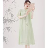 夏季民族国风盘扣中长款绣花改良五分袖旗袍假两件连衣裙女