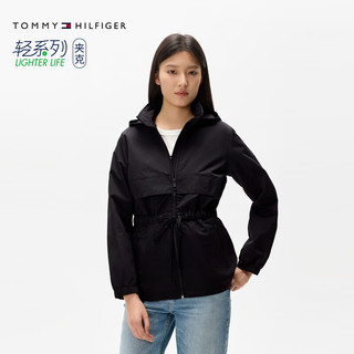 TOMMY HILFIGER【轻舒适防水】女装户外抽绳收腰可收纳连帽立领夹克76J5246 黑色BDS XS （：80-100斤）