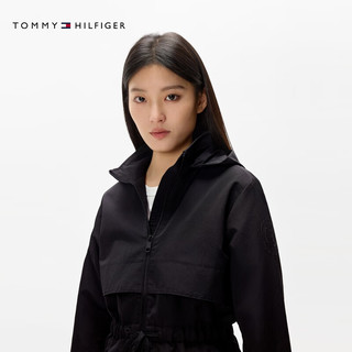 TOMMY HILFIGER【轻舒适防水】女装户外抽绳收腰可收纳连帽立领夹克76J5246 黑色BDS XS （：80-100斤）