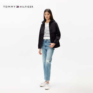 TOMMY HILFIGER【轻舒适防水】女装户外抽绳收腰可收纳连帽立领夹克76J5246 黑色BDS XS （：80-100斤）