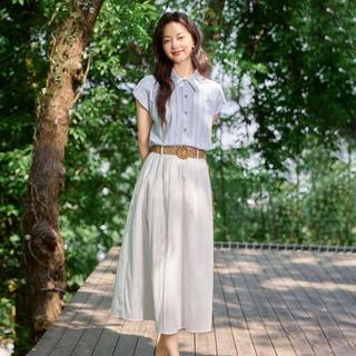 【两件套】25夏季时尚小飞袖衬衫肌理感褶皱A字半身裙女式套装