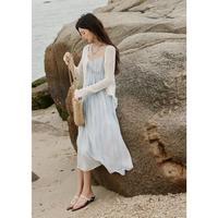 【蓝海精灵】扎染吊带无袖连衣裙女2025夏显瘦海边度假风长裙