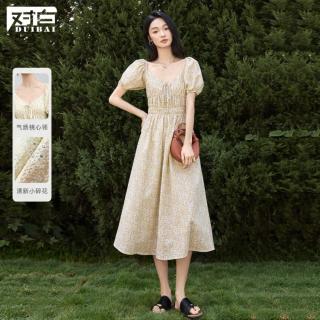 DUIBAI 夏装法式心型领松紧腰撞色碎花纯棉女式短袖长款连衣裙