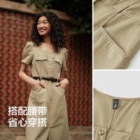 森马 Semir【棉莱赛尔】夏季方领设计显瘦开叉连衣裙女复古中长款通勤工装裙