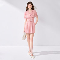 秋水伊人气质通勤V领连体裤2024夏季女腰带小个子直筒短裤 粉红 XXL