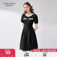 秋水伊人 甜美花边圆领连衣裙2024夏季女装少女感泡泡袖小黑裙 黑色 M