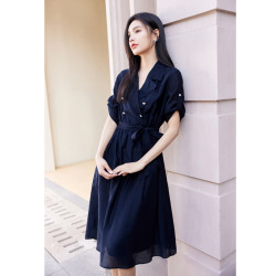 秋水伊人 双排扣衬衫连衣裙夏季女轻薄优雅自然裙子 藏青 M