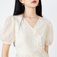 秋水伊人V领斜襟新中式雪纺连衣裙夏季新款女装优雅气质裙子
