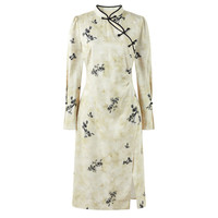 秋水伊人优雅提花喇叭袖裙子2025年春季女简约百搭撞色连衣裙 米色 L