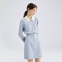 秋水伊人宽松撞色娃娃领衬衫连衣裙春季女装百搭裙子 蓝色 2XL