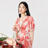 秋水伊人X型V领印花雪纺中长款连衣裙夏季女装设计感裙子 桔色 XL