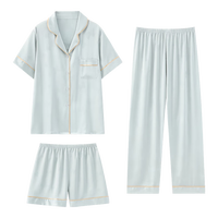 猫人夏季冰丝睡衣女士高级裸感长袖长裤睡裤外穿家居服三件套装 冰心蓝-长袖两件套 【不带礼盒】 L 【155-165cm/约100-115斤】