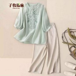 子牧棉麻 女士刺绣短袖+阔腿裤套装
