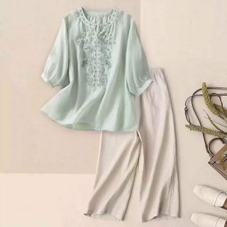 子牧棉麻 女士短袖刺绣上衣+阔腿裤套装
