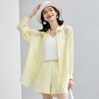 【时尚休闲空调衫两件套】夏装凉感宽松衬衫女气质短裤两件套装
