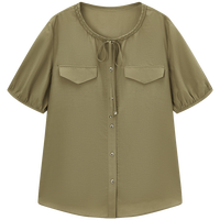 爱居兔复古圆领短袖2025女夏季新款女轻盈柔顺舒适休闲衬衫ENECJ2Q003A 军绿03