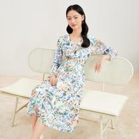 秋季法式优雅印花连衣裙女中长款气质浪漫通清风风碎花裙子