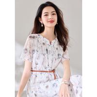 优雅气质腰带碎花连衣裙女夏装短袖印花长裙气质百搭显瘦A字裙子