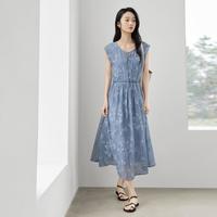 2025夏装复古浪漫印花系带圆领高级感优雅收腰长裙女式连衣裙