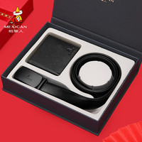 稻草人（MEXICAN）钱包男士礼盒套装皮带头层牛皮腰带钱夹爸爸父亲节 黑色G款